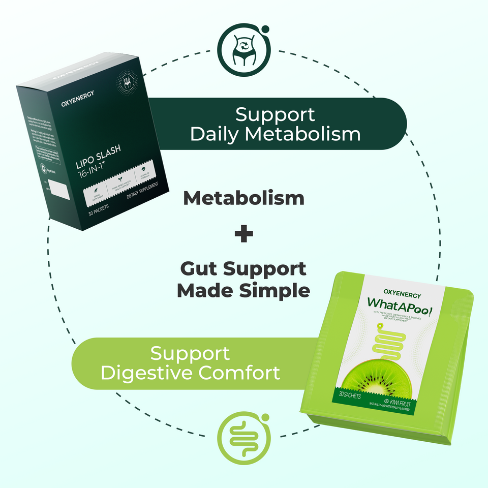 Lipo Slash and WhatAPoo! diagram showing daily metabolism and digestive support