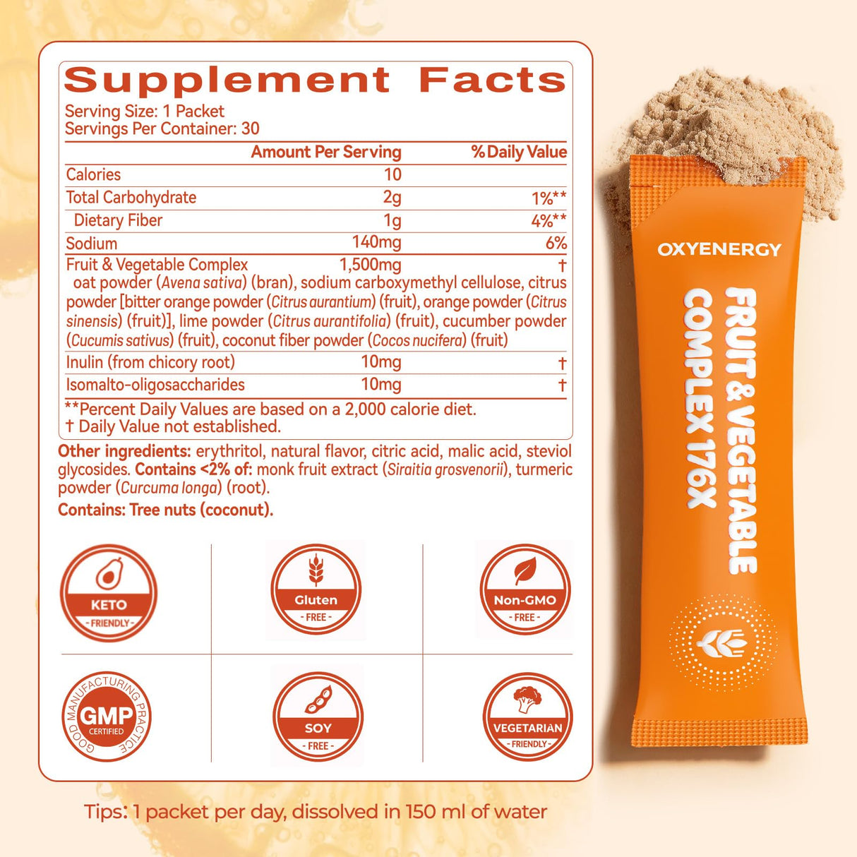 OxyEnergy Hunger Control Fiber Drink Mix, 3g, 30 Packets, Natural Lemon Flavor